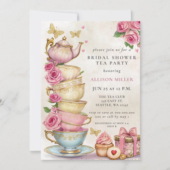 Invitation Fête des mariées Rustic Blush Rose Gold Tea Party (Devant)