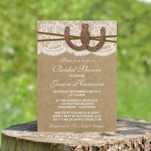 Invitation Fête des mariées Rustic Kraft & Lace Horseshoe (Créateur téléchargé)