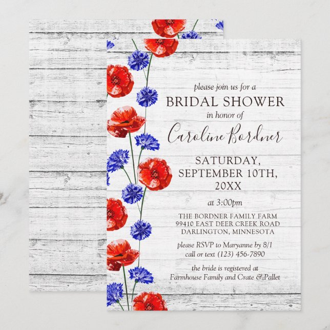Invitation Fête des mariées Rustique Bois et Red Poppy Countr (Devant / Derrière)