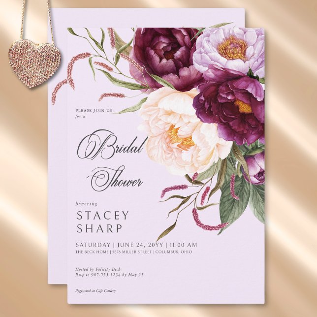 Invitation Fête des mariées Rustique Bourgogne & Pies Roses (Rustic Burgundy & Pink Peonies Bridal Shower Invitation)
