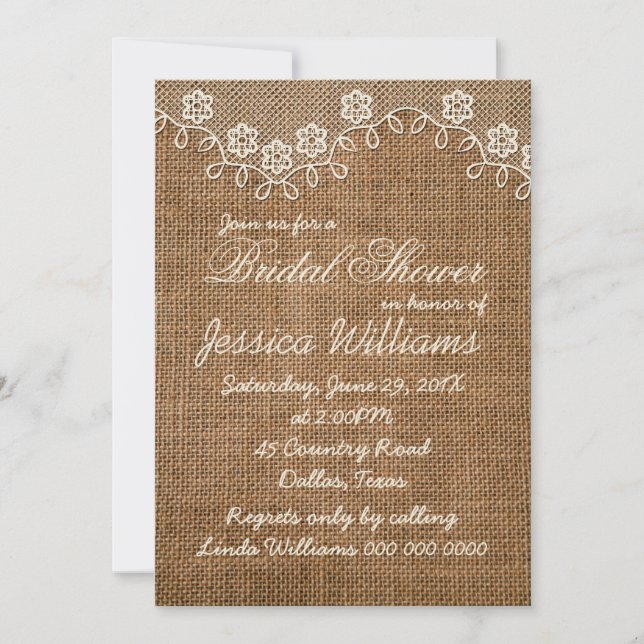 Invitation Fête des mariées Rustique Burlap Et Dentelle (Devant)