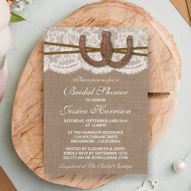 Invitation Fête des mariées Rustique Burlap & Lace Horseshoe (Créateur téléchargé)