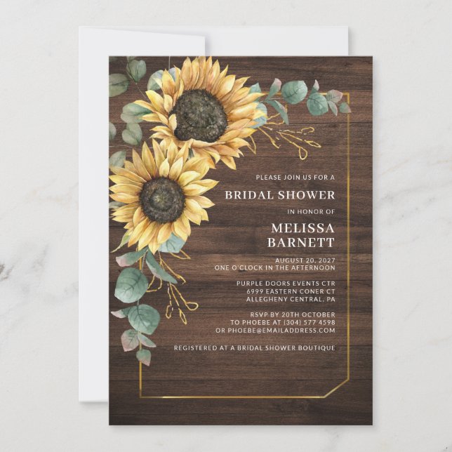 Invitation Fête des mariées rustique de tournesol floral Euca (Devant)
