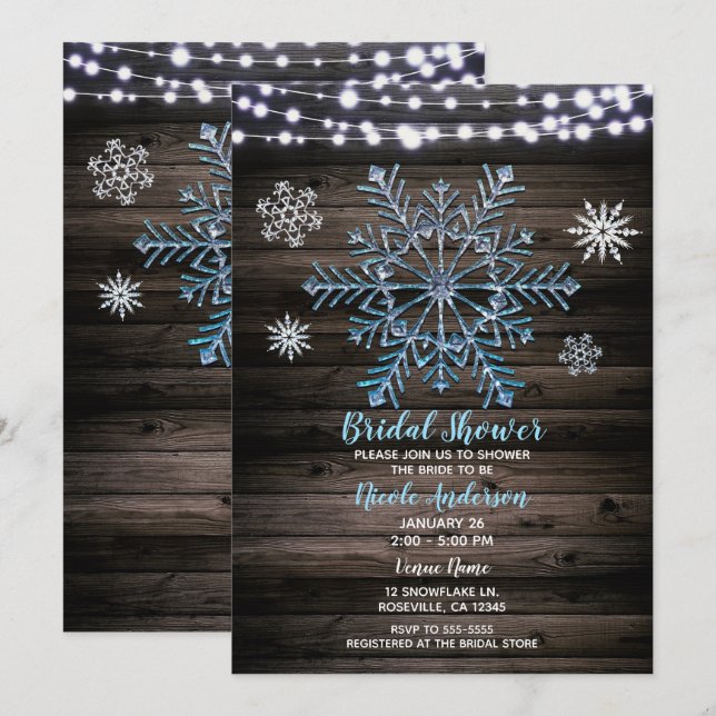 Invitation Fête des mariées rustique des flocons de neige et  (Devant / Derrière)