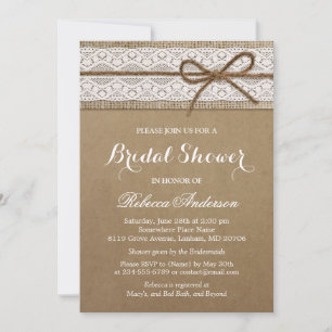 Invitation Fête des mariées rustique élégant dentelle Burlap