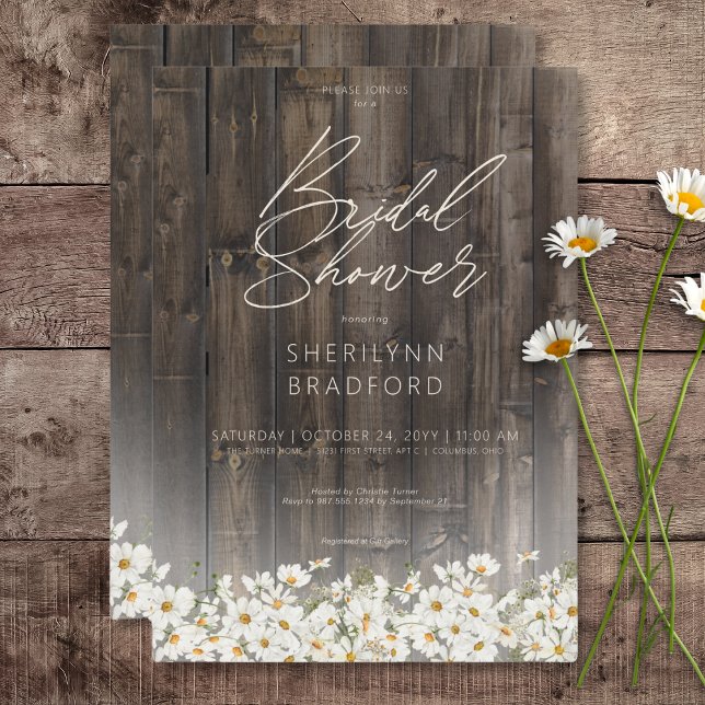 Invitation Fête des mariées rustique en bois de Barnwood et m (Rustic Barnwood & Daisies Bridal Shower Invitation)