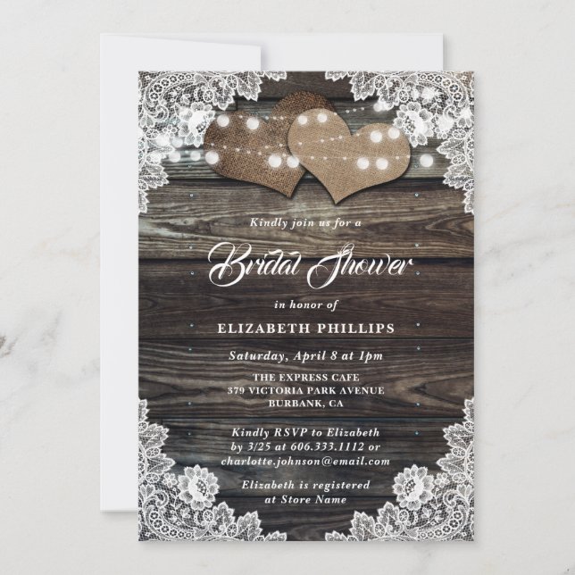 Invitation Fête des mariées Rustique en dentelle de bois Burl (Devant)