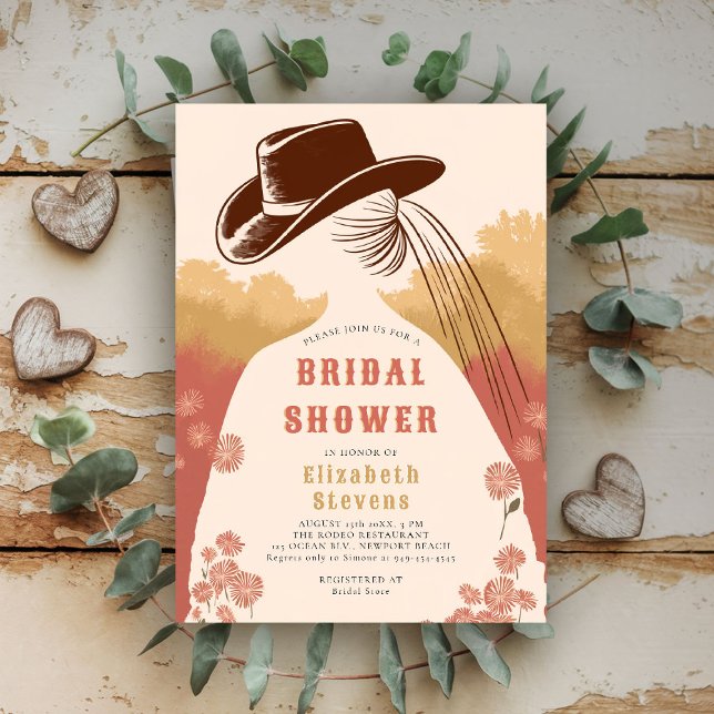 Invitation Fête des mariées rustique Fleur sauvage de Western (western bridal shower invitation prairie wildflowers cowgirl cowboy hat pink green modern)