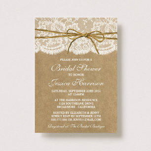 Invitation Fête des mariées Rustique Kraft, dentelle et bow T