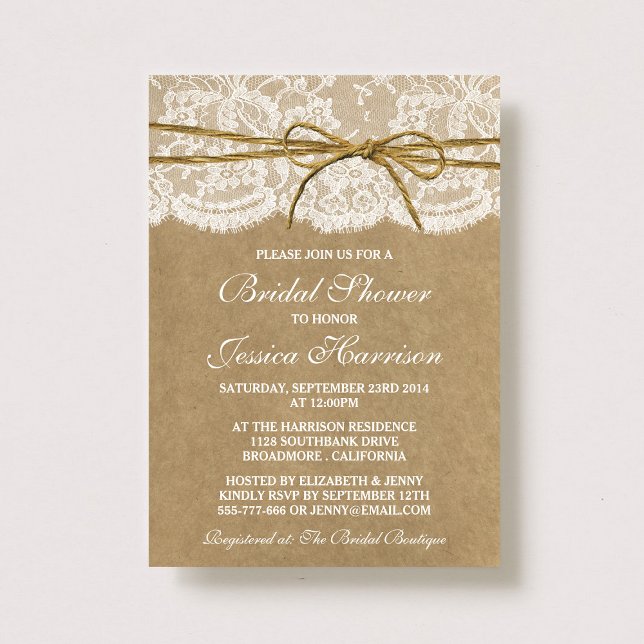 Invitation Fête des mariées Rustique Kraft, dentelle et bow T (Créateur téléchargé)