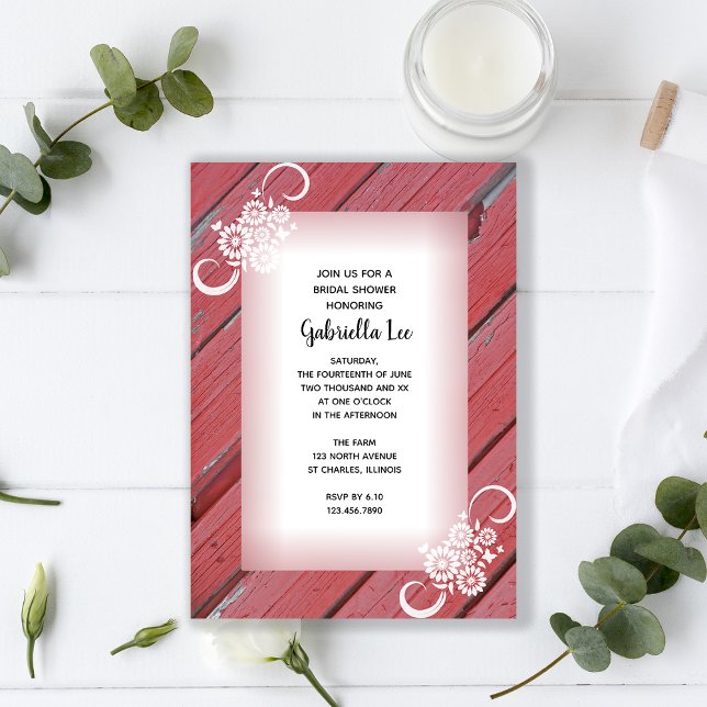 Invitation Fête des mariées Rustique Rouge Grange Bois Blanc  (Créateur téléchargé)