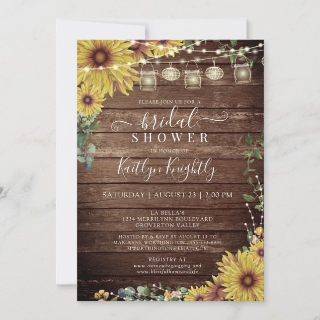 Invitation Fête des mariées Rustique Sunflower Wood String (Devant)
