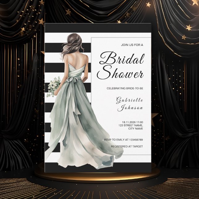 Invitation Fête des mariées Sage Green Bride Black White Stri (Créateur téléchargé)