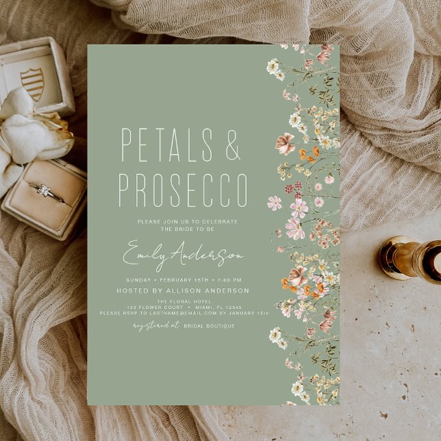 Invitation Fête des mariées Sage Green Petals & Prosecco (Créateur téléchargé)