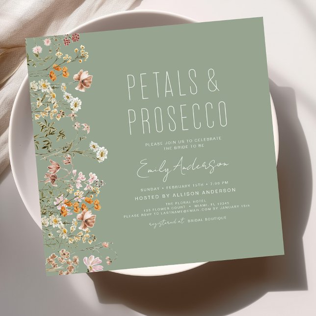Invitation Fête des mariées Sage Green Petals & Prosecco (Créateur téléchargé)