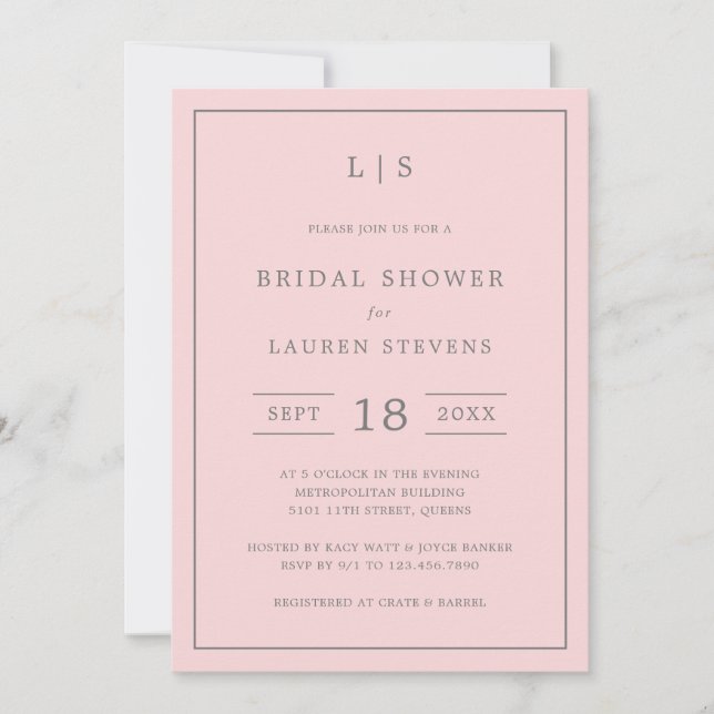 Invitation Fête des mariées simple de monogramme rose et gris (Devant)
