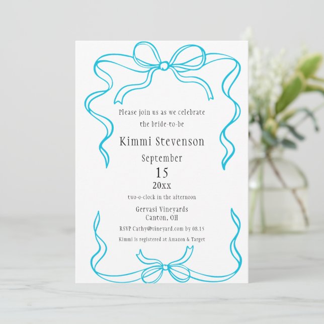 Invitation Fête des mariées simple en ruban turquoise (Debout devant)