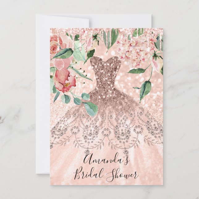 Invitation Fête des mariées Spark Rose or rose robe florale (Dos)