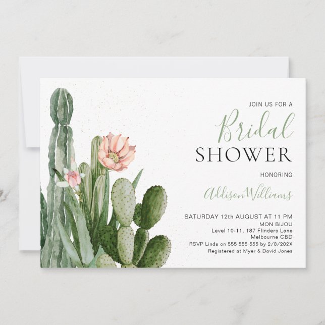 Invitation Fête des mariées Succulente de cactus floral (Devant)