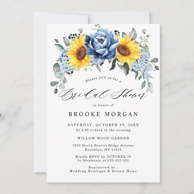 Invitation Fête des mariées Sunflower Dusty Blue Slate Peony (Devant)