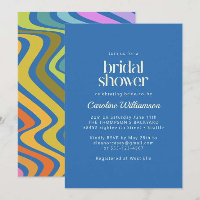 Invitation Fête des mariées super Retro Abstraite Rainbow Blu (Devant / Derrière)