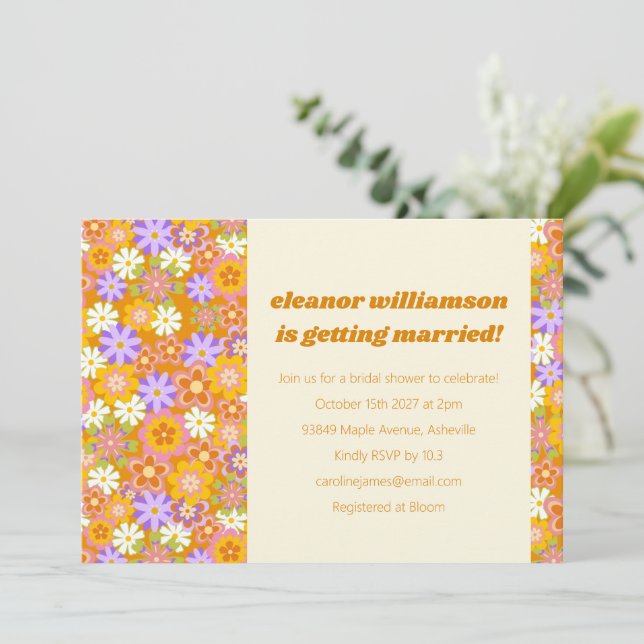Invitation Fête des mariées super Retro Orange Purple Florale (Debout devant)