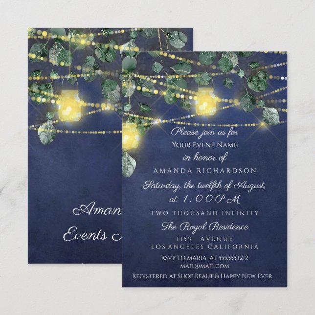 Invitation Fête des mariées Sweet 16 Bleu Marine Jars Lumière (Devant / Derrière)
