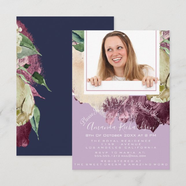Invitation Fête des mariées Sweet 16ème Photo Marine Purple F (Devant / Derrière)