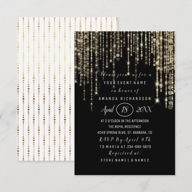 Invitation Fête des mariées Sweet 16th Black White Gold Strip (Devant / Derrière)
