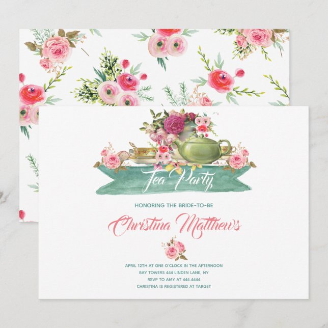 Invitation Fête des mariées Tea Party (Devant / Derrière)