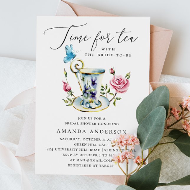Invitation Fête des mariées Tea Party avec papillon et rose (Créateur téléchargé)
