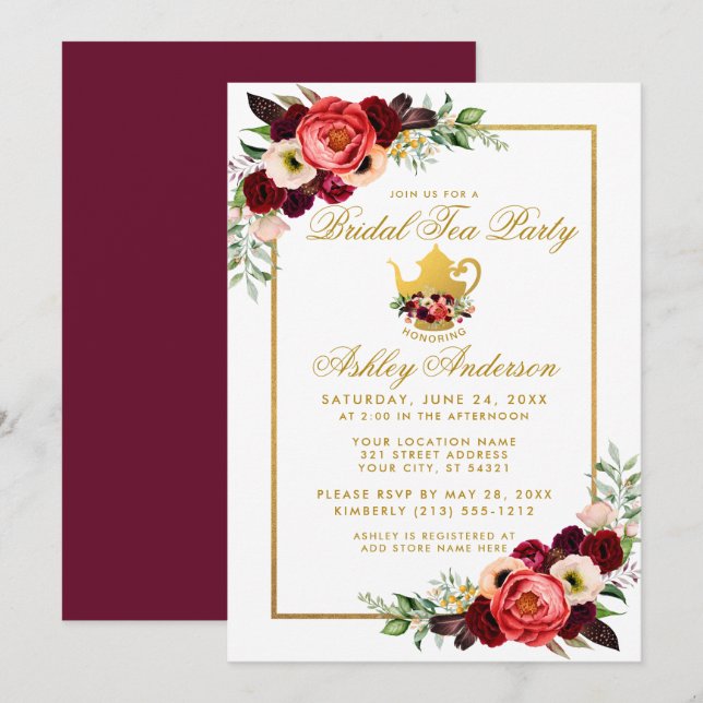 Invitation Fête des mariées Tea Party Bourgogne Boho Floral G (Devant / Derrière)