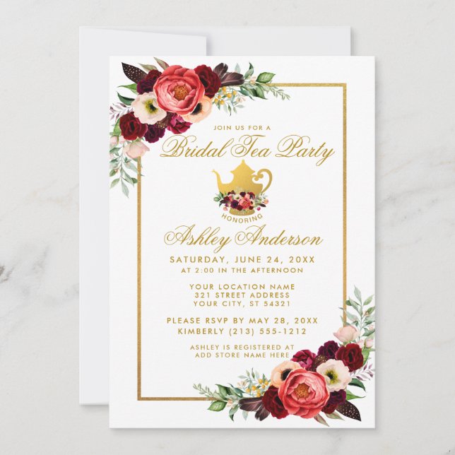 Invitation Fête des mariées Tea Party Bourgogne Gold Boho Flo (Devant)
