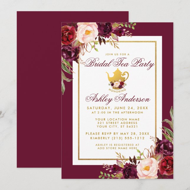 Invitation Fête des mariées Tea Party Bourgogne Gold Invitati (Devant / Derrière)