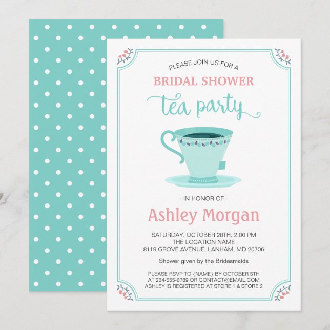 Invitation Fête des mariées Tea Party Floral Mint rose pâle (Devant / Derrière)