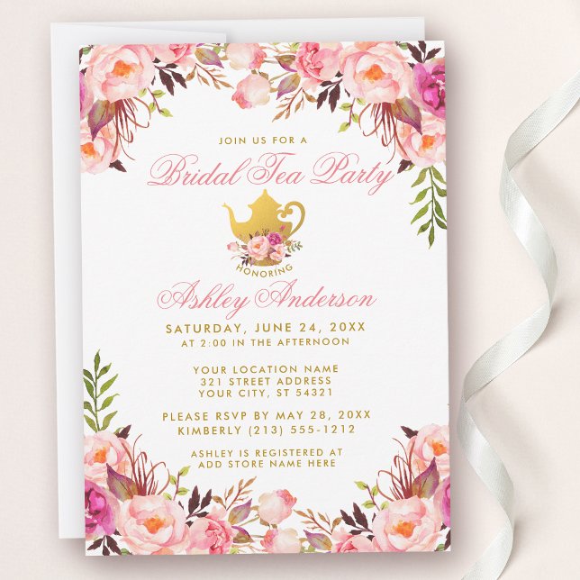 Invitation Fête des mariées Tea Party Gold rose Floral (Customize to change text color or text style.)