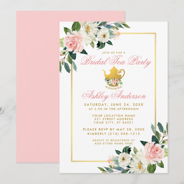 Invitation Fête des mariées Tea Party Gold rose Floral Invita (Devant / Derrière)