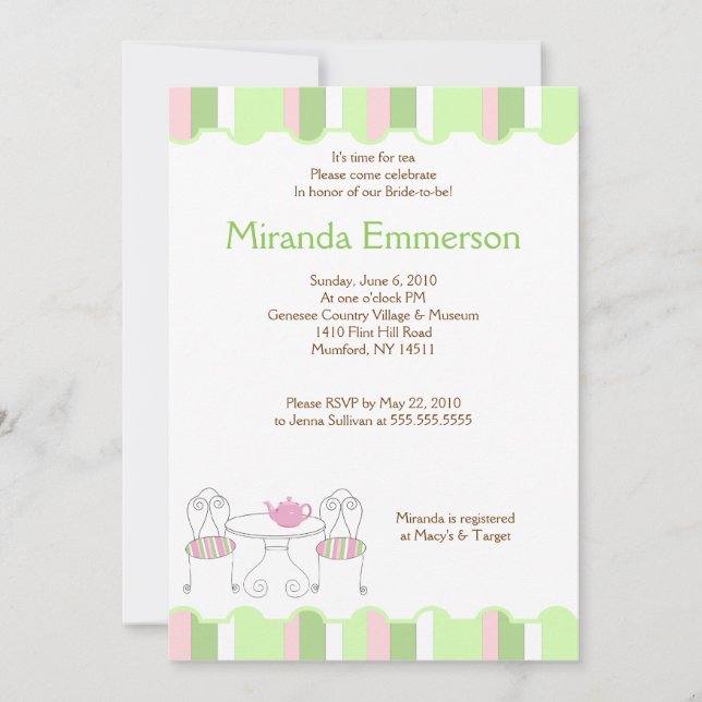 Invitation Fête des mariées Tea Party Green Stripe (Devant)