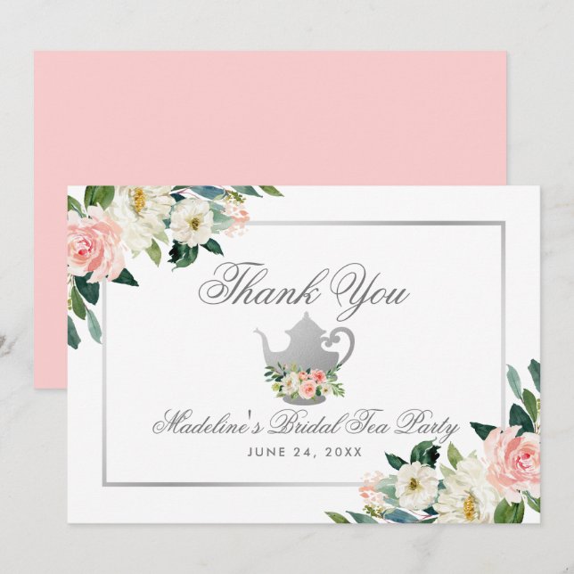 Invitation Fête des mariées Tea Party Merci Rose Floral Argen (Devant / Derrière)