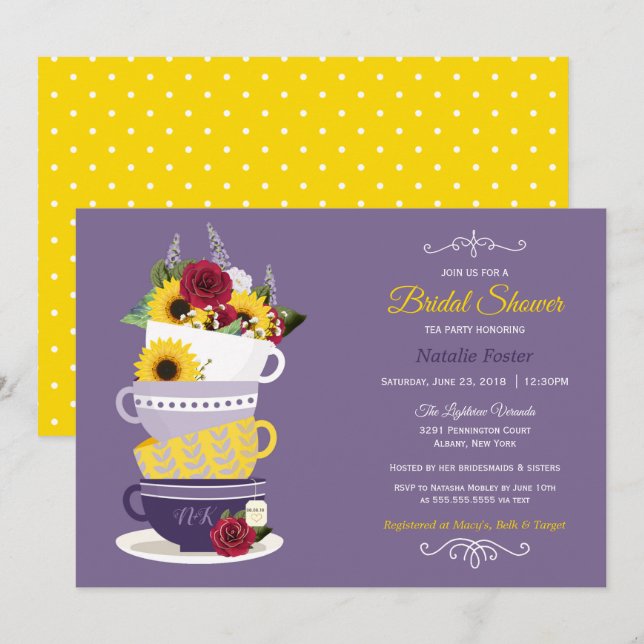 Invitation Fête des mariées Tea Party - tournesol, Roses & Li (Devant / Derrière)