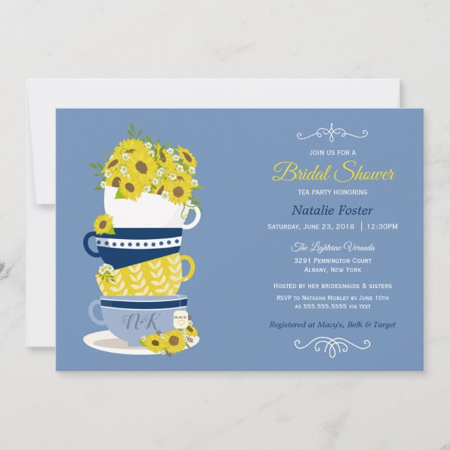 Invitation Fête des mariées Tea Party Tournesols | Bleu et ja (Devant)