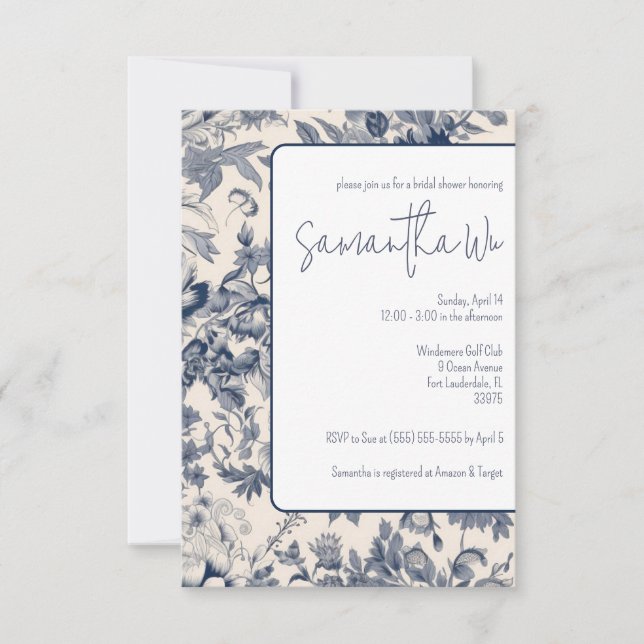 Invitation Fête des mariées Toile bleu et blanc (Devant)