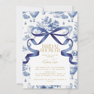 Invitation Fête des mariées Toile De Jouy Dusty Blue Bow