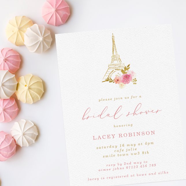 Invitation Fête des mariées tour Eiffel rose & or Floral (Créateur téléchargé)