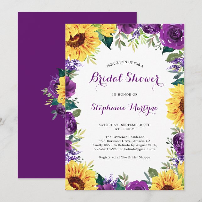 Invitation Fête des mariées Tournesol violet frontière floral (Devant / Derrière)