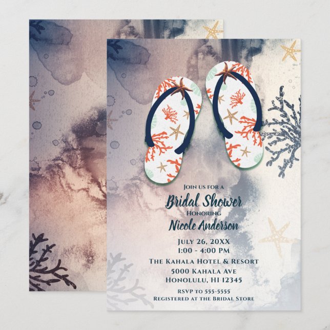 Invitation Fête des mariées Tropical Beach Coral Flip Flops (Devant / Derrière)