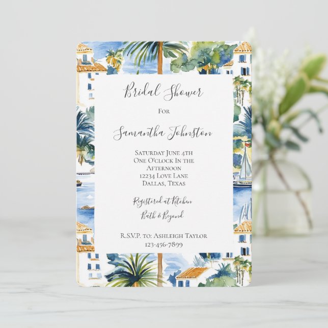 Invitation Fête des mariées Tropical Bleu Méditerranéen (Debout devant)