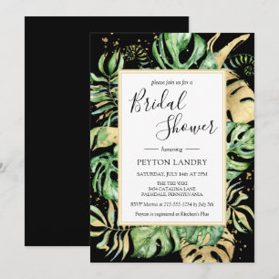 Invitation Fête des mariées Tropical Feuille Black & Gold Fra