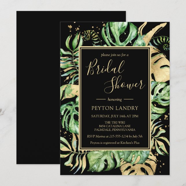 Invitation Fête des mariées Tropical Feuille Black & Gold Fra (Devant / Derrière)