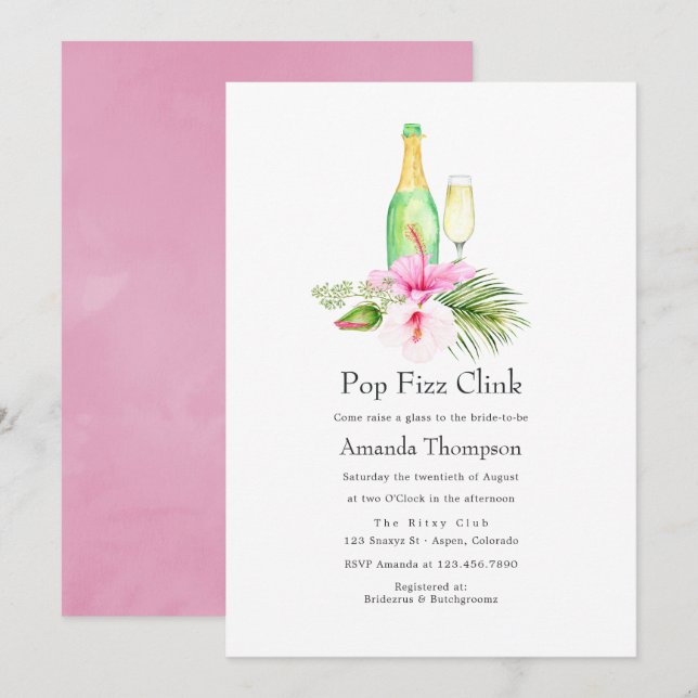 Invitation Fête des mariées Tropical Floral Beach Pop Fizz Cl (Devant / Derrière)